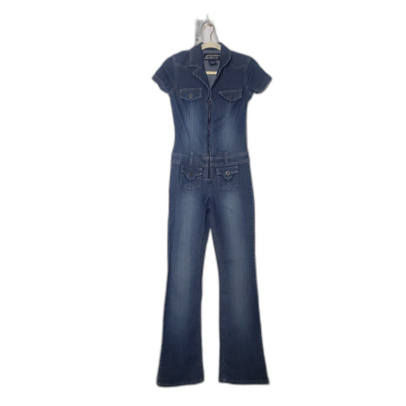 Vintage 90's Y2K SQUEEZE JEANS Stretch Denim Zip Front Jumpsuit Juniors Size 1/2 - Picture 7 of 7